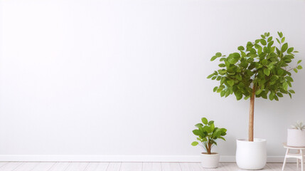 White wall with green plants in pots on the floor near it in a bright interior, 3d render - obrazy, fototapety, plakaty