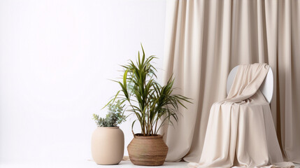 Minimalistic interior with a potted plant and a chair against a beige background. - obrazy, fototapety, plakaty