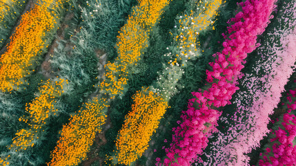 Fototapeta na wymiar A vibrant aerial view of a flower field in full bloom.