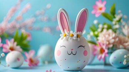 Smiling Easter Egg with Bunny Ears and Spring Flowers Decoration