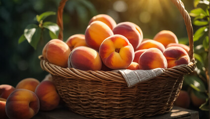 ripe  delicious peaches in a basket in the garden