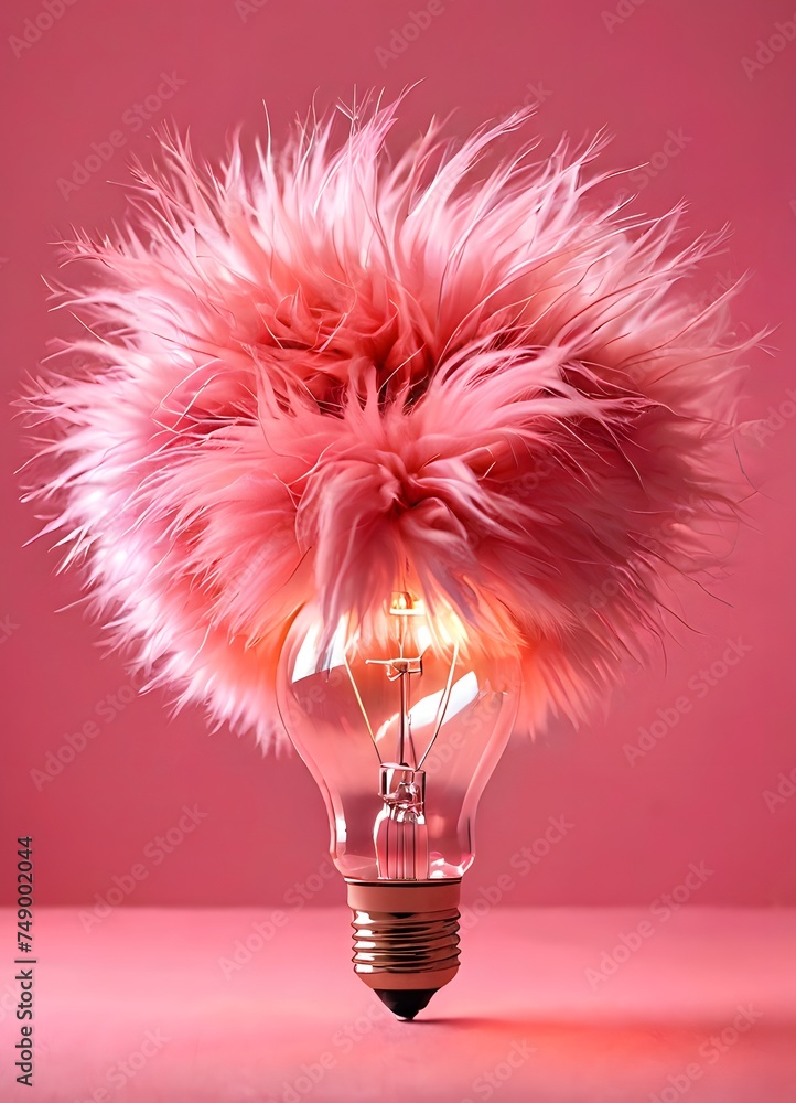 Poster a creative concept image featuring a lightbulb topped with soft pink feathers against a uniform pink