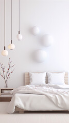 3d rendering of a minimalist bedroom with a white bed and white walls with a cherry blossom branch and paper lanterns. - obrazy, fototapety, plakaty