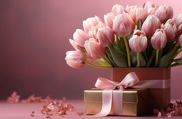pink bouquet of tulips and gift box on pink background,