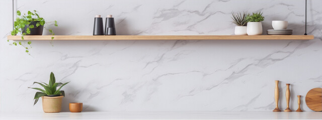 A wooden shelf with plants and kitchenware on a marble background in a minimalist style with neutral colors.