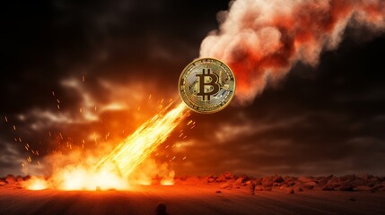 Bitcoin coin explosion, halving concept, fire background, financial, crypto trading, success, banner