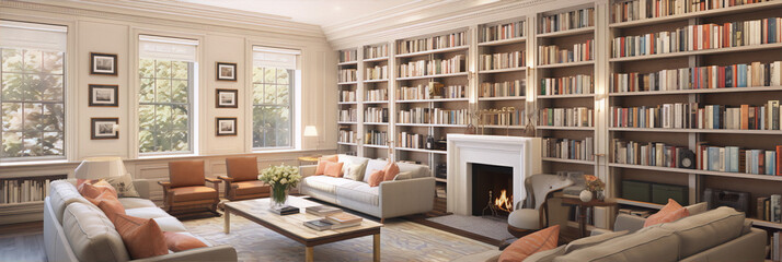 3D rendering of a modern library with white walls, wooden bookshelves, fireplace and large windows.