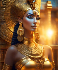Egyptian Priestess-goddess portrait in presious headdress and necklace  posing against golden Temple at sunset. close up