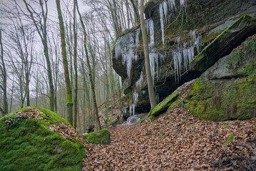 The Bearcave and its sandstone formations in the palatinate during winter, with icicles