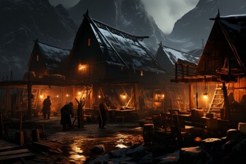 Obraz premium A small village of wooden houses nestled in a valley surrounded by snow-capped mountains. The village is lit up by warm lights, and there is a sense of peace and tranquility.