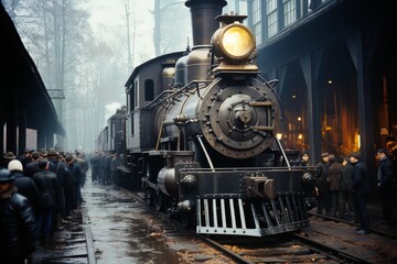 A vintage black steam locomotive with a long smokestack and cowcatcher on the front, moving on a railway track with people on a platform watching in awe of the powerful machine. - obrazy, fototapety, plakaty