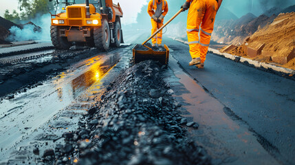 Road construction workers' teamwork, tarmac laying works at a road construction site, hot asphalt gravel leveled by workers, and road surface repair.. - obrazy, fototapety, plakaty
