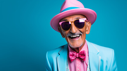 alter stylischer Mann lachend mit guter Laune und positiver Ausstrahlung vor farbigem Hintergrund in 16:9  - obrazy, fototapety, plakaty