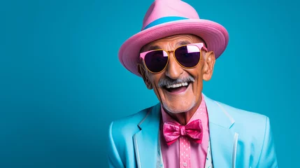 Fotobehang alter stylischer Mann lachend mit guter Laune und positiver Ausstrahlung vor farbigem Hintergrund in 16:9  © Laura