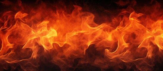 A detailed view of blazing fire flames on a stark black background, showcasing the vibrant colors and textures of the fiery inferno in close proximity.