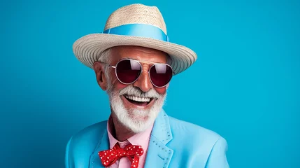 Fotobehang alter stylischer Mann lachend mit guter Laune und positiver Ausstrahlung vor farbigem Hintergrund in 16:9 © Laura