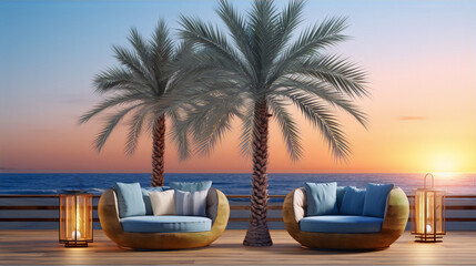 3d illustration of two blue wicker chairs on a wooden deck overlooking the ocean at sunset.
