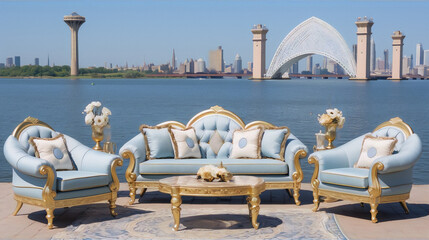Blue and gold living room furniture set on a pier overlooking a river with a cityscape in the background.