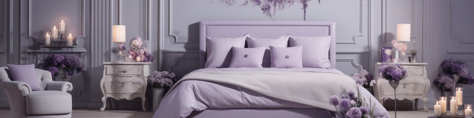 Bedroom interior design in lilac colors with a large bed, flowers, and candles.