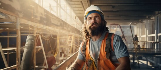 Fototapeta na wymiar A bearded man with long hair is pictured wearing an orange vest, likely a painter or construction worker on a construction site. He appears focused on his task at hand.