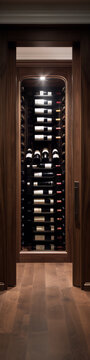 Luxury wine cellar with wooden racks and arched doorway