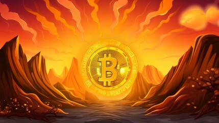 Golden bitcoin halving concept on fire background for financial crypto trading success banner