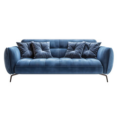 Modern sofa in blue color isolated on white or transparent background. Modern sofa close-up, front view. Graphic design element on the theme of furniture.