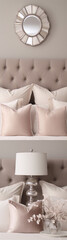 Close-up of a beige tufted headboard and pillows with a silver mirror and lamp.