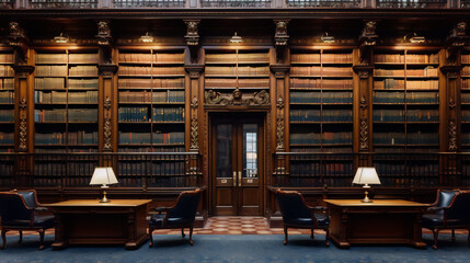 Two desks and chairs in a grand library with a coffered ceiling