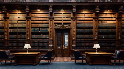 Fotobehang Two desks and chairs in a grand library with a coffered ceiling © camelia