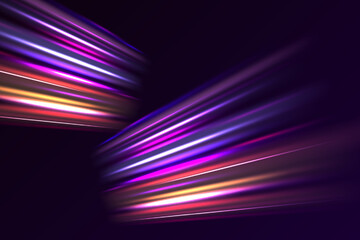 Colorful light trails with motion effect. Abstract neon light rays background. Purple glowing wave swirl, impulse cable lines.