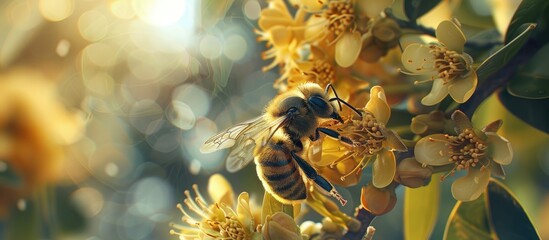 A large striped bee is depicted up-close gathering honey from a bright yellow bloom on a sunny day. This horizontal macro photograph captures the essence of spring and summertime.