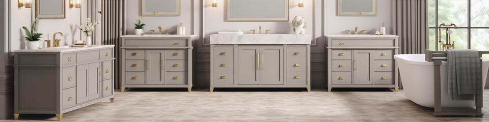 Bathroom interior in a classic style with gray cabinets, marble countertops, and golden elements