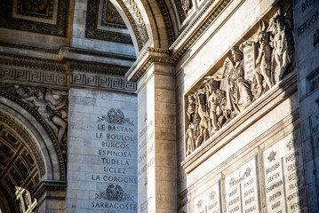 Paris, France - Dec. 28 2022: The fine decoration on the Arc de Triomph in Paris
