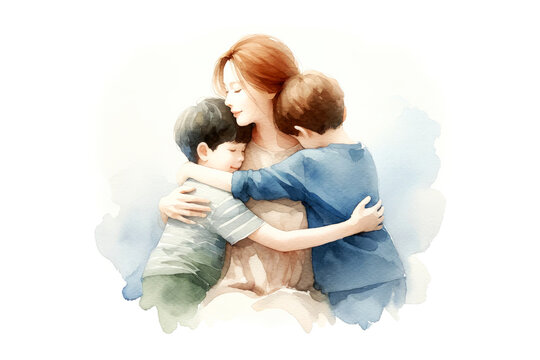 Watercolor painting of a mother with her two sons on white background.