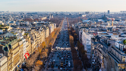 Paris, France - Dec. 28 2022: The Paris panorama view from the Arc de Triomph in Paris - obrazy, fototapety, plakaty