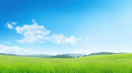 spring green meadow against blue sky background