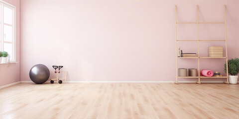 Pink yoga room interior with fitness ball, yoga mat and wooden shelf. - obrazy, fototapety, plakaty