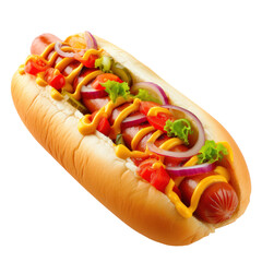 Hot dog isolated on a white or transparent background. A bun cut lengthwise with a milk sausage inside with ketchup, mustard and lettuce. Design element on the theme of fast food. Side view.