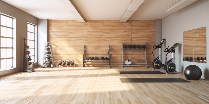 Modern bright spacious fitness center with wooden wall and large windows, exercise bike, yoga mat, dumbbells, kettlebells and fitness ball