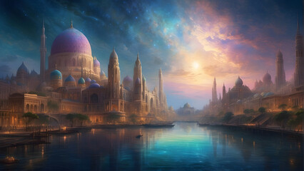 This digital painting portrays an idyllic cityscape at dawn with minarets and domes, gently lit by a celestial dawn