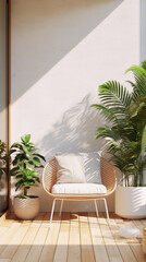 Fototapeta na wymiar Minimalistic home interior with a comfortable chair, plants, and sunlight on the wooden floor.