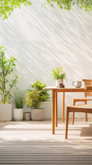 3d rendering of a patio with wooden table and chair, plants, and sunlight shining through the leaves of a tree.