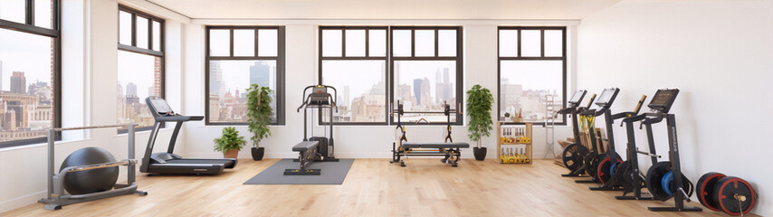 Home gym with a view of the city. Interior design. 3D rendering. - obrazy, fototapety, plakaty