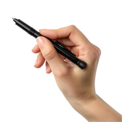 A woman's hand is ready to draw with a black marker. Isolated on white.