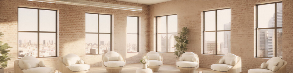 3D rendering of a modern furnished city apartment with large windows