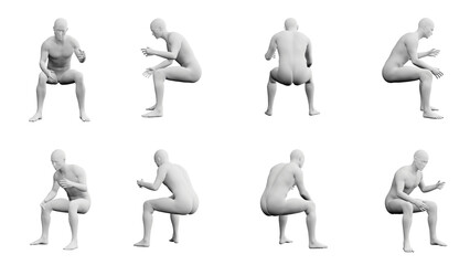 Athletic Young Man Sitting Gesturing, multiple views (side, front, back), 360 degrees rotation. - obrazy, fototapety, plakaty