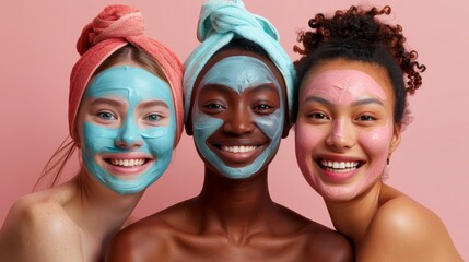 Young beautiful smiling women takes care of her face skin. Women puts cream or vitamin mask on her face with towel on her head on pink blue background. Cosmetology, beauty and spa. Generative ai
