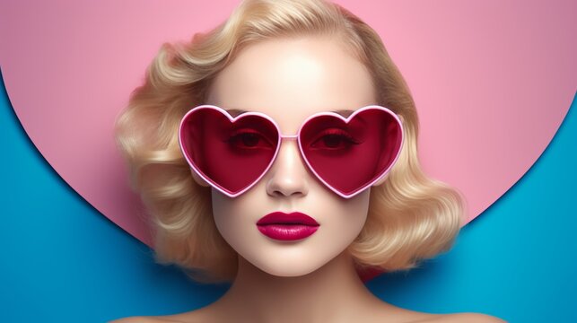 Young woman with blonde hair wearing big heart shaped pink sunglasses portrait, retro style make up concept, banner
