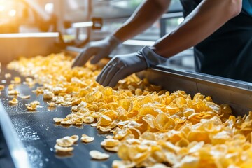 Naklejka na ściany i meble A person is making potato chips on a conveyor belt in a factory, fastfood production